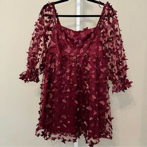 Kenedik Burgundy Dress with Butterfly Appliqué